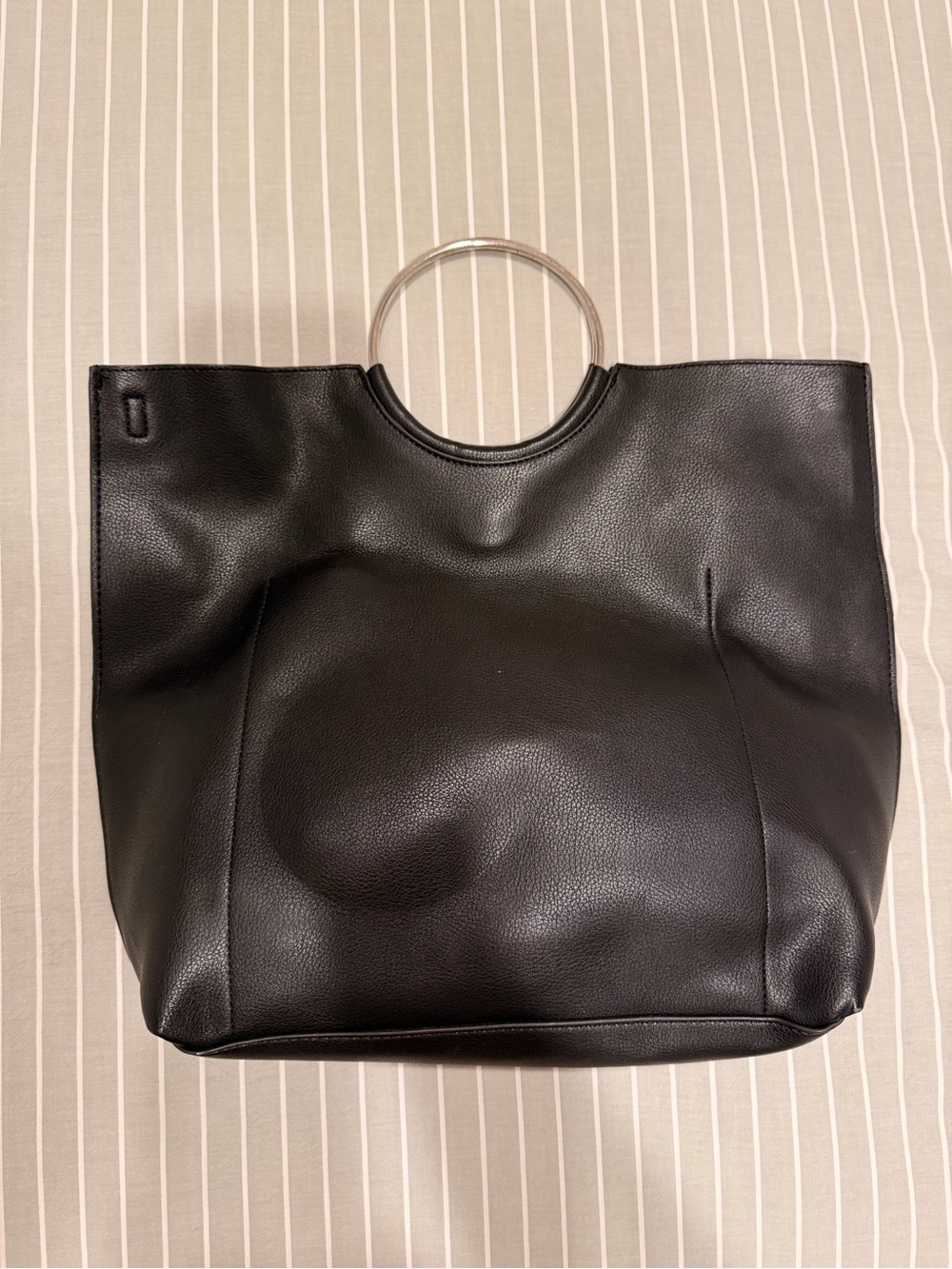 Black Leather Tote Bag with Metal Ring Handle